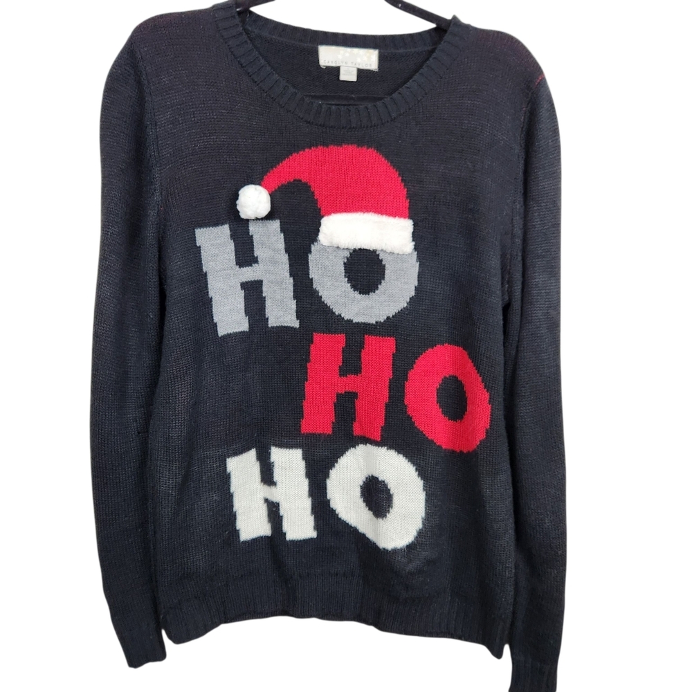 Carolyn Taylor Ho Ho Ho Ugly Christmas Sweater Santa Hat UCS Cute Womens Size L